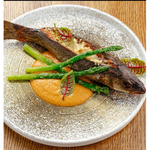 Сибас запеченный с жульеном из печеного перца 430 г.